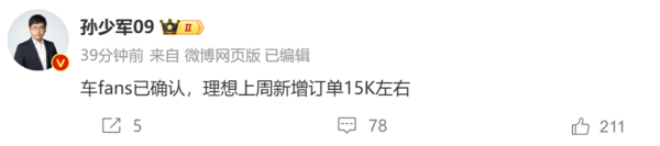 曝理想上周新增订单1.5万个 三年免息政策显威力 曝理想上周新增订单1.5万个 三年免息政策显威力