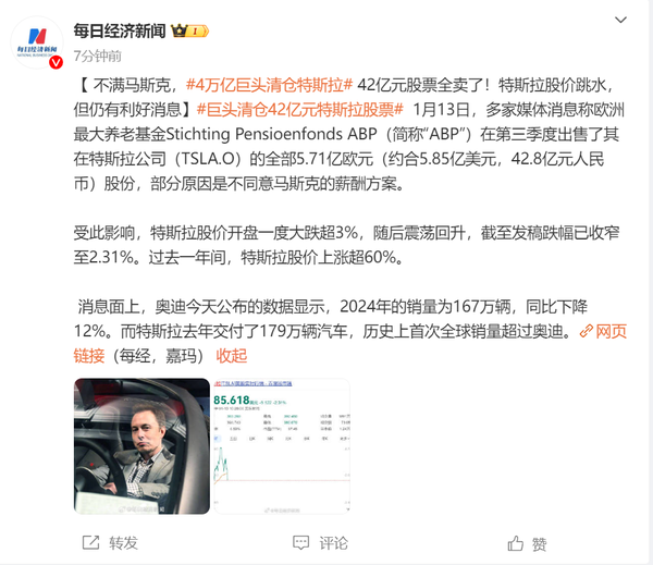 因不满马斯克薪酬方案 巨头清仓42亿元特斯拉股票 因不满马斯克薪酬方案 巨头清仓42亿元特斯拉股票