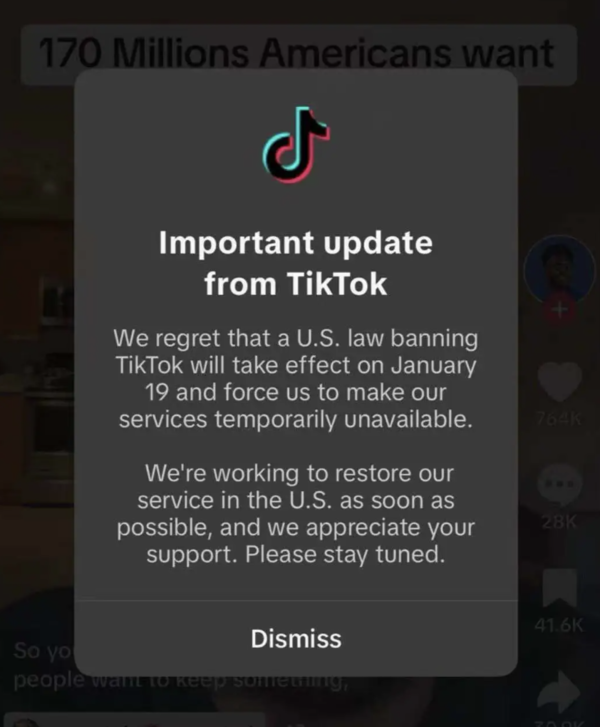 即将正式关停!TikTok 通知美国用户将暂停服务 即将正式关停!TikTok 通知美国用户将暂停服务