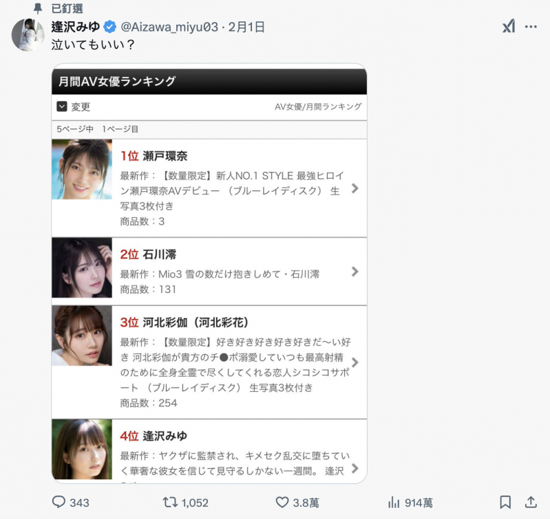 没发片也不要紧! 2025年1月的销售排行榜、她又拿了三个第一!