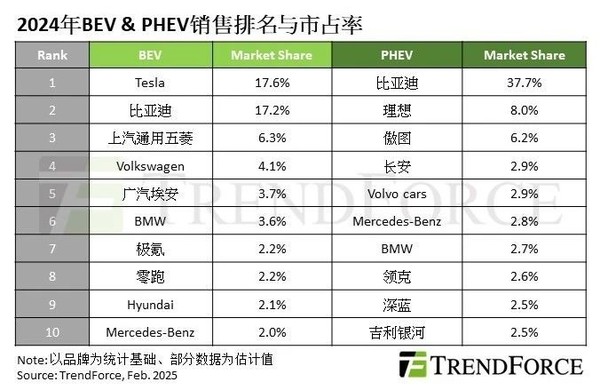 2024年全球纯电市场车企市占率排行 特斯拉比亚迪前二 2024年全球纯电市场车企市占率排行 特斯拉比亚迪前二