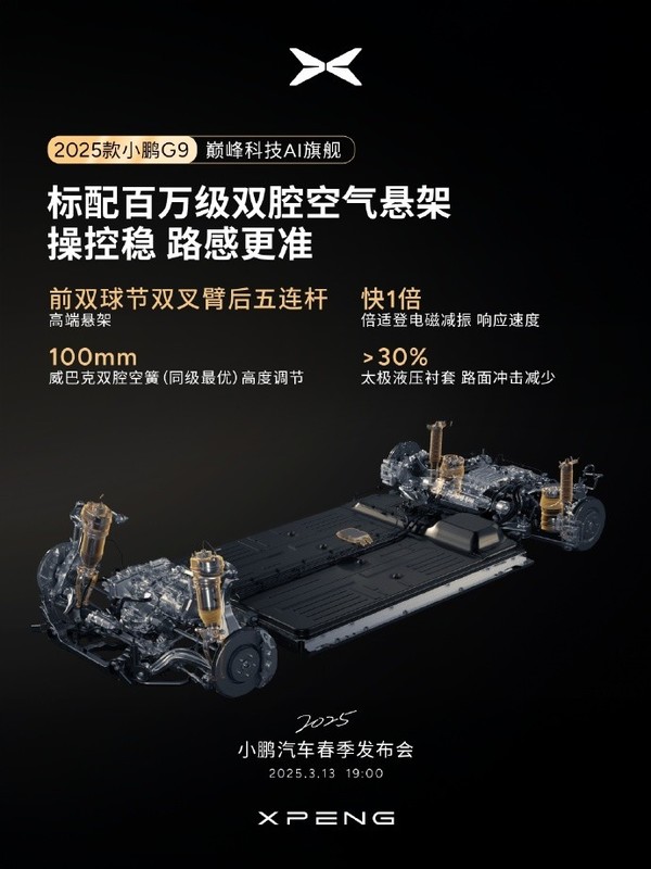 何小鹏:新小鹏G9同级唯一标配百万级双腔空气悬架 何小鹏:新小鹏G9同级唯一标配百万级双腔空气悬架