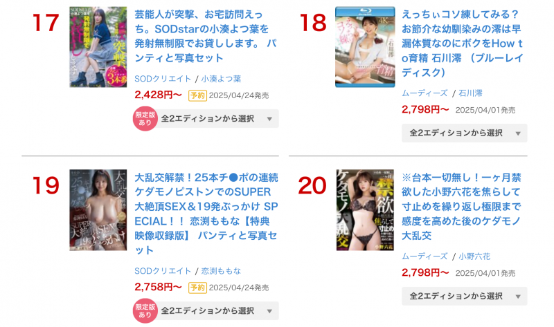 FANZA三月排行榜公布!微小的名次有够好!