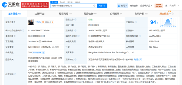 宇树科技注册资本由289万增资至3.6亿 增幅达12500% 宇树科技注册资本由289万增资至3.6亿 增幅达12500%