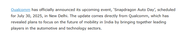 高通将于7月30日举办骁龙汽车日 地点在印度新德里 高通将于7月30日举办骁龙汽车日 地点在印度新德里