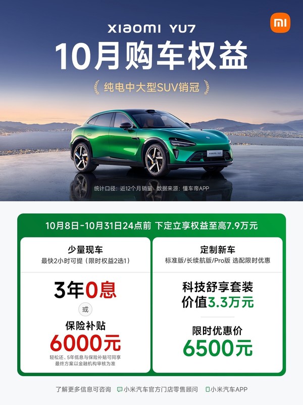 小米汽车公布10月购车权益：至高7.9万 支持5年0息