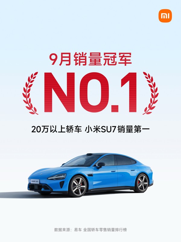 小米SU7获9月20万元以上轿车销量第一 超越Model 3 小米SU7获9月20万元以上轿车销量第一 超越Model 3